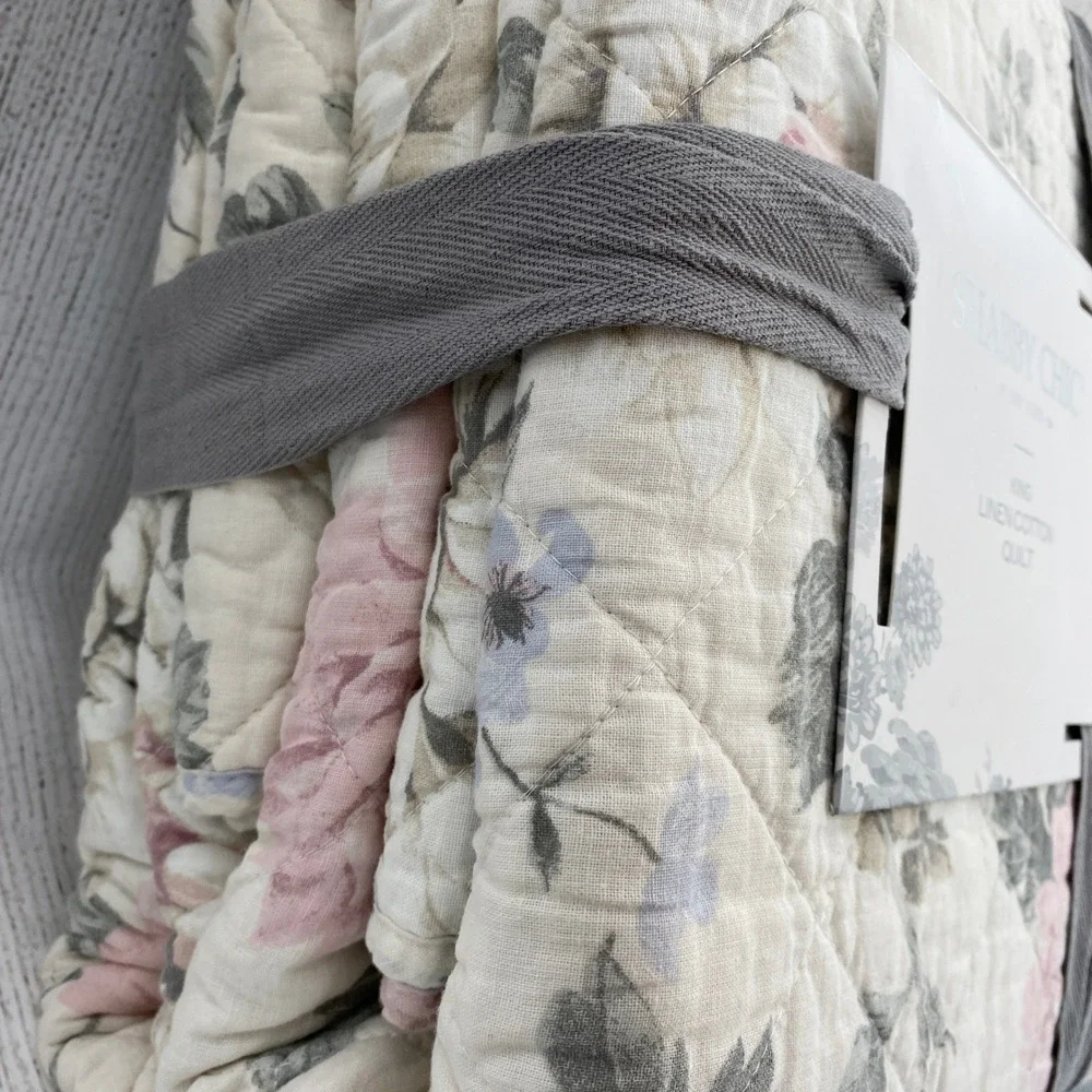 Shabby Chic Linen Cotton Quilt KING Pink Rose Floral Cream Bedding Romantic